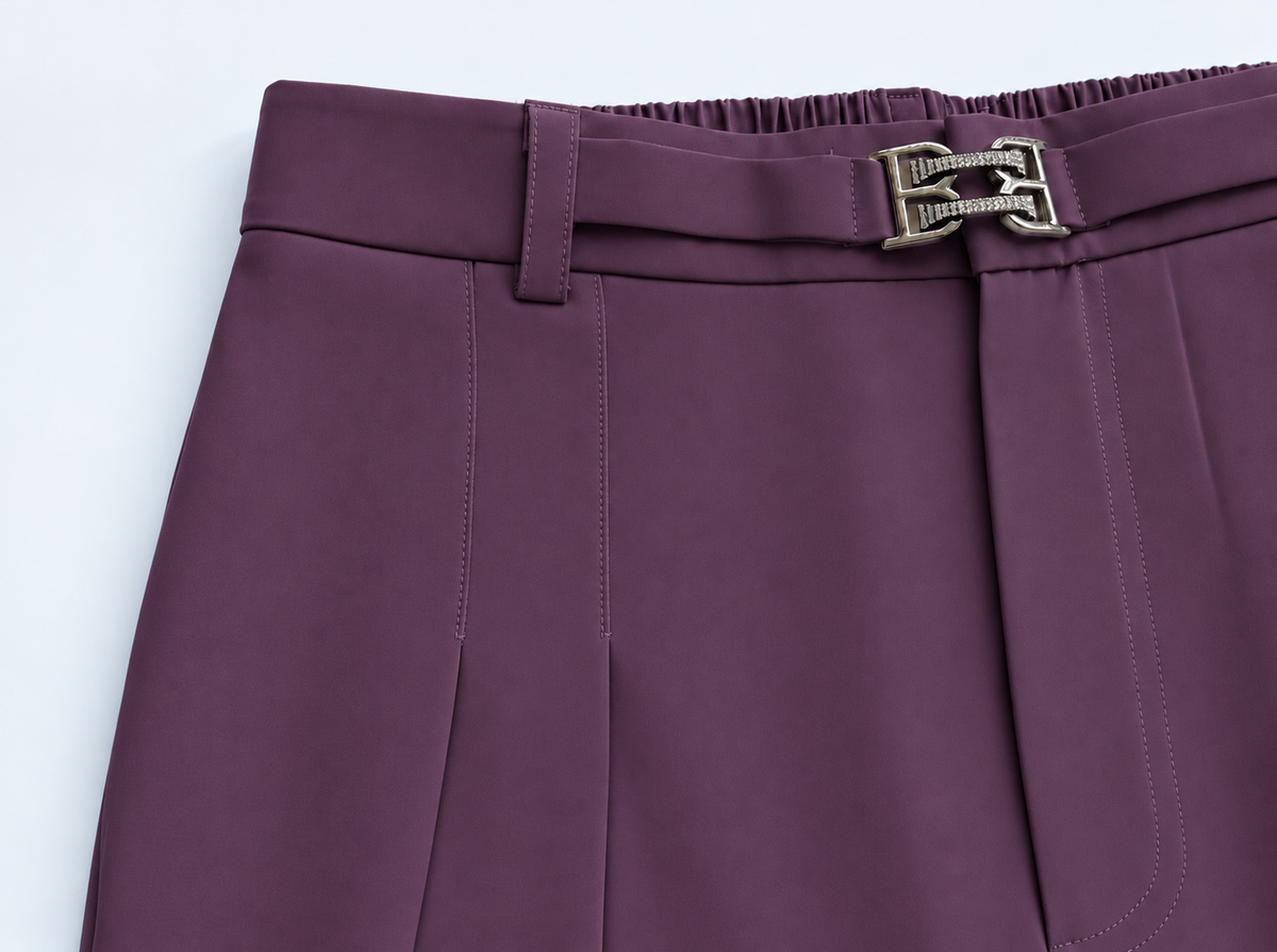 Pleated Wide-Leg Trousers with Buckle Detail – Plum
