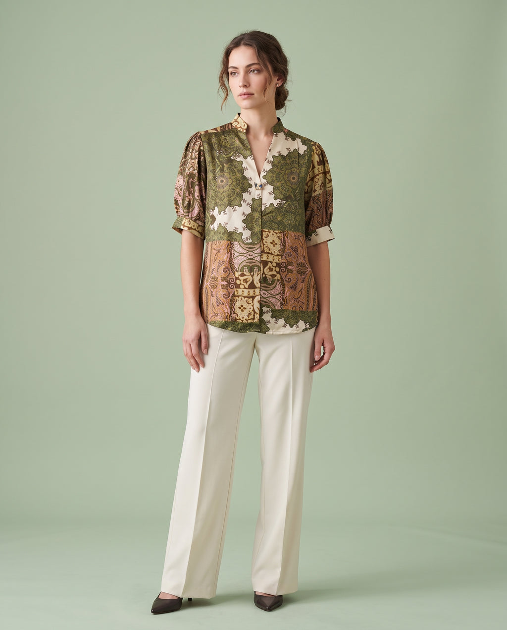 Patchwork Paisley Satin Blouse – Olive & Blush