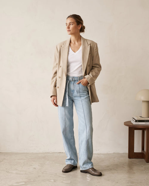 Belted Seamed Straight-Leg Jeans – Bleach Blue