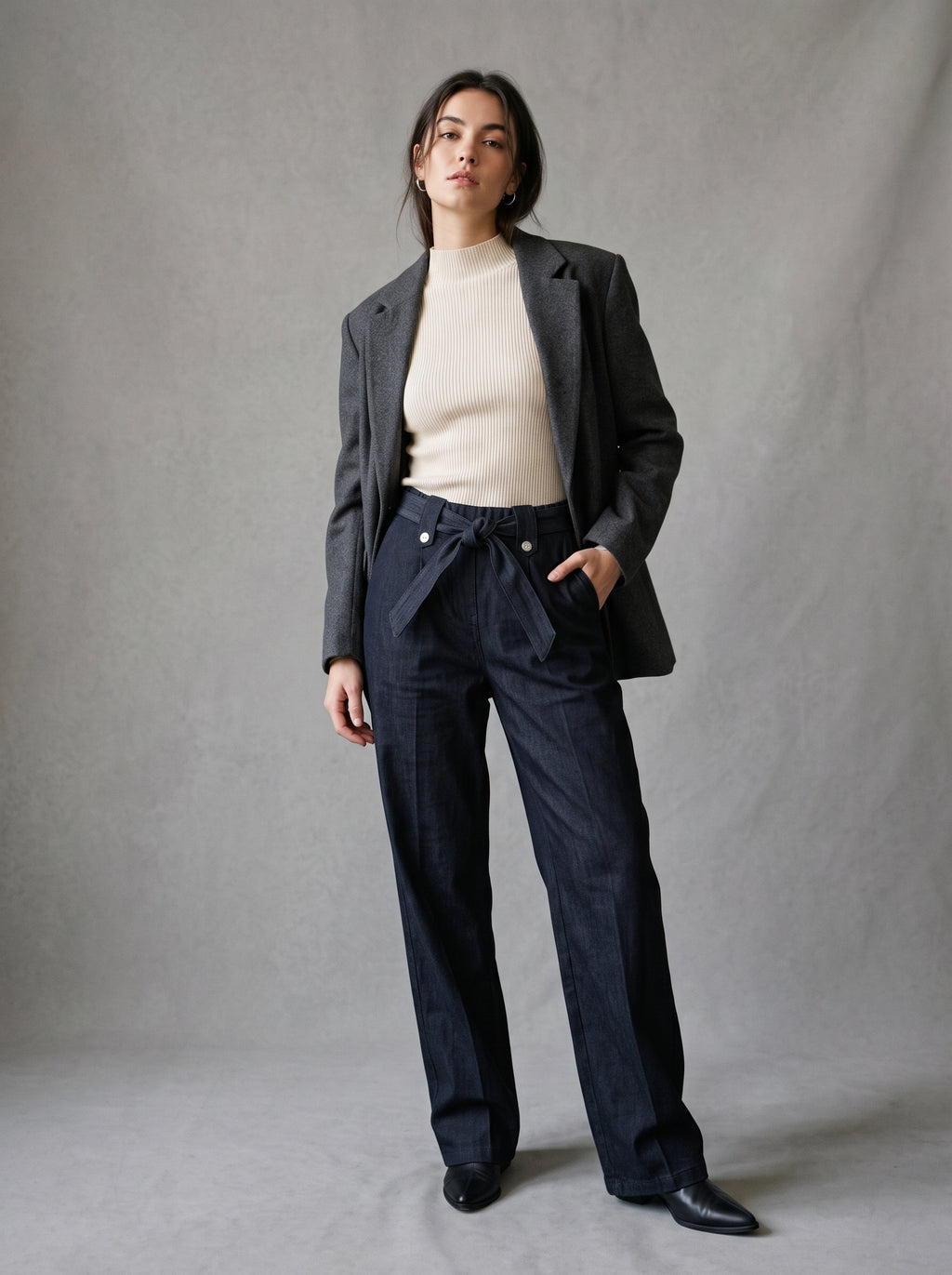 Belted Wide-Leg Denim Trousers – Dark Indigo