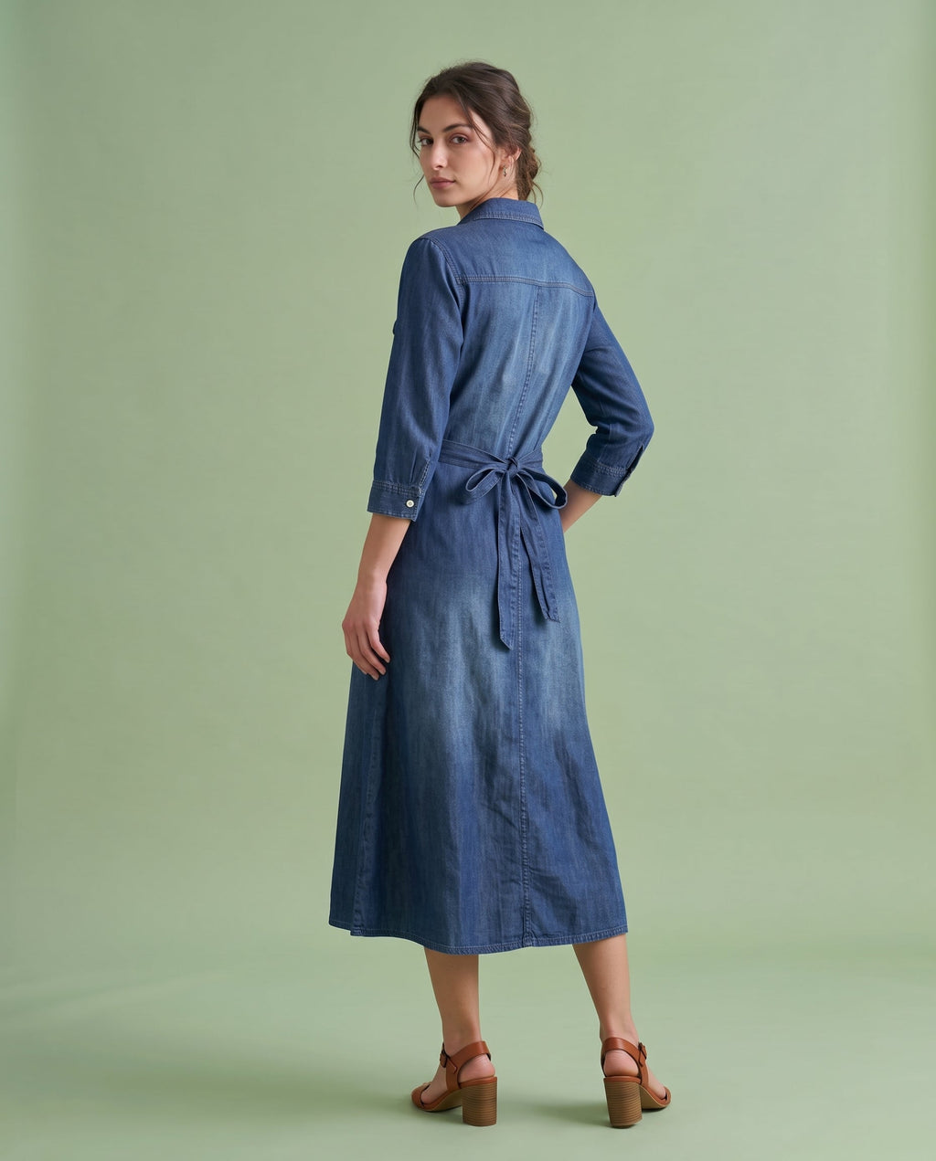 Embroidered Western Denim Midi Dress – Mid Blue