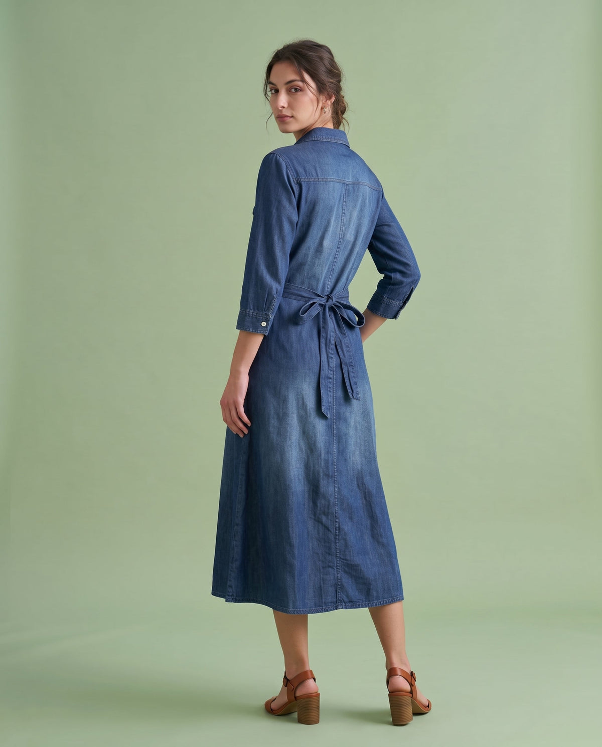 Embroidered Western Denim Midi Dress – Mid Blue