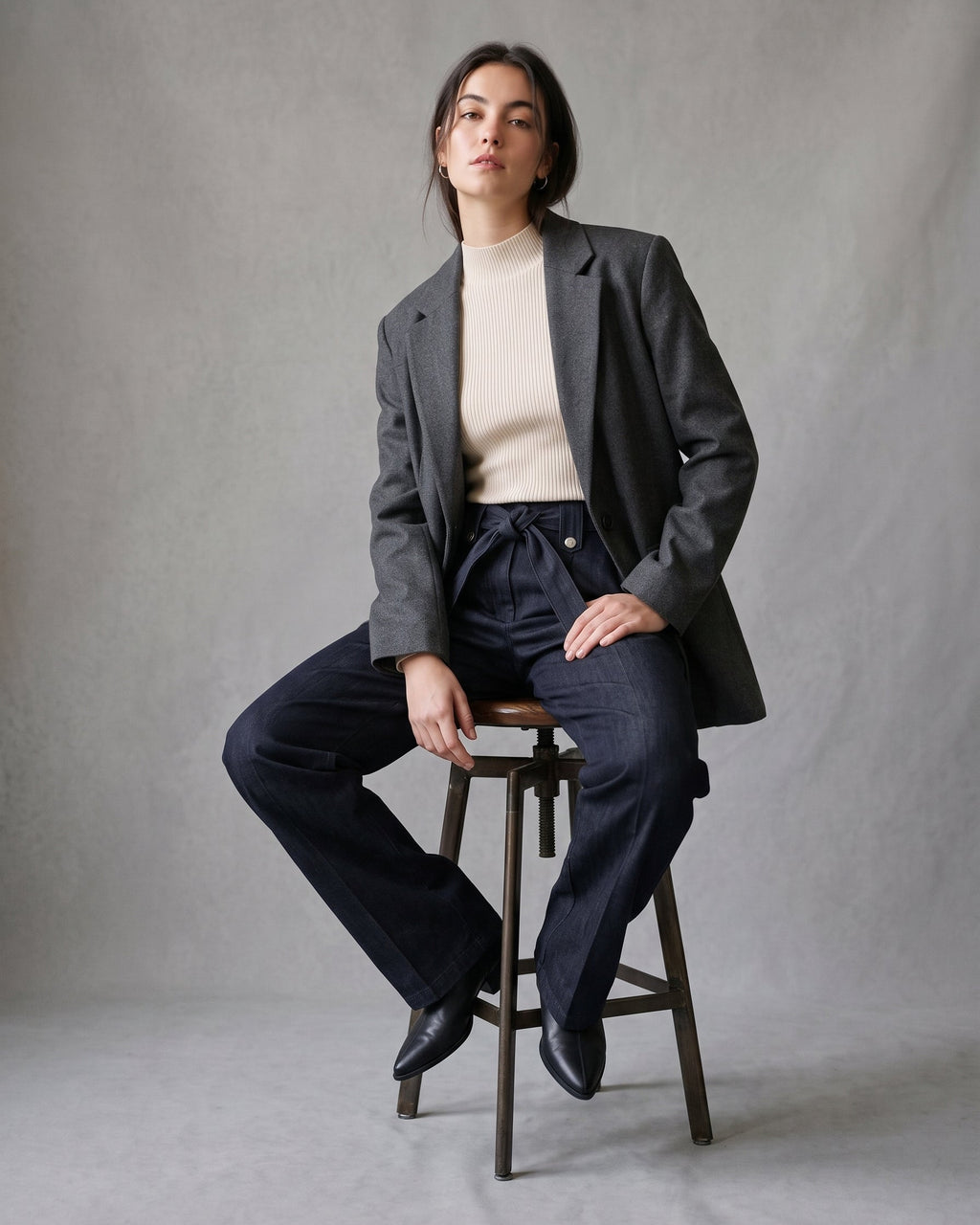 Belted Wide-Leg Denim Trousers – Dark Indigo
