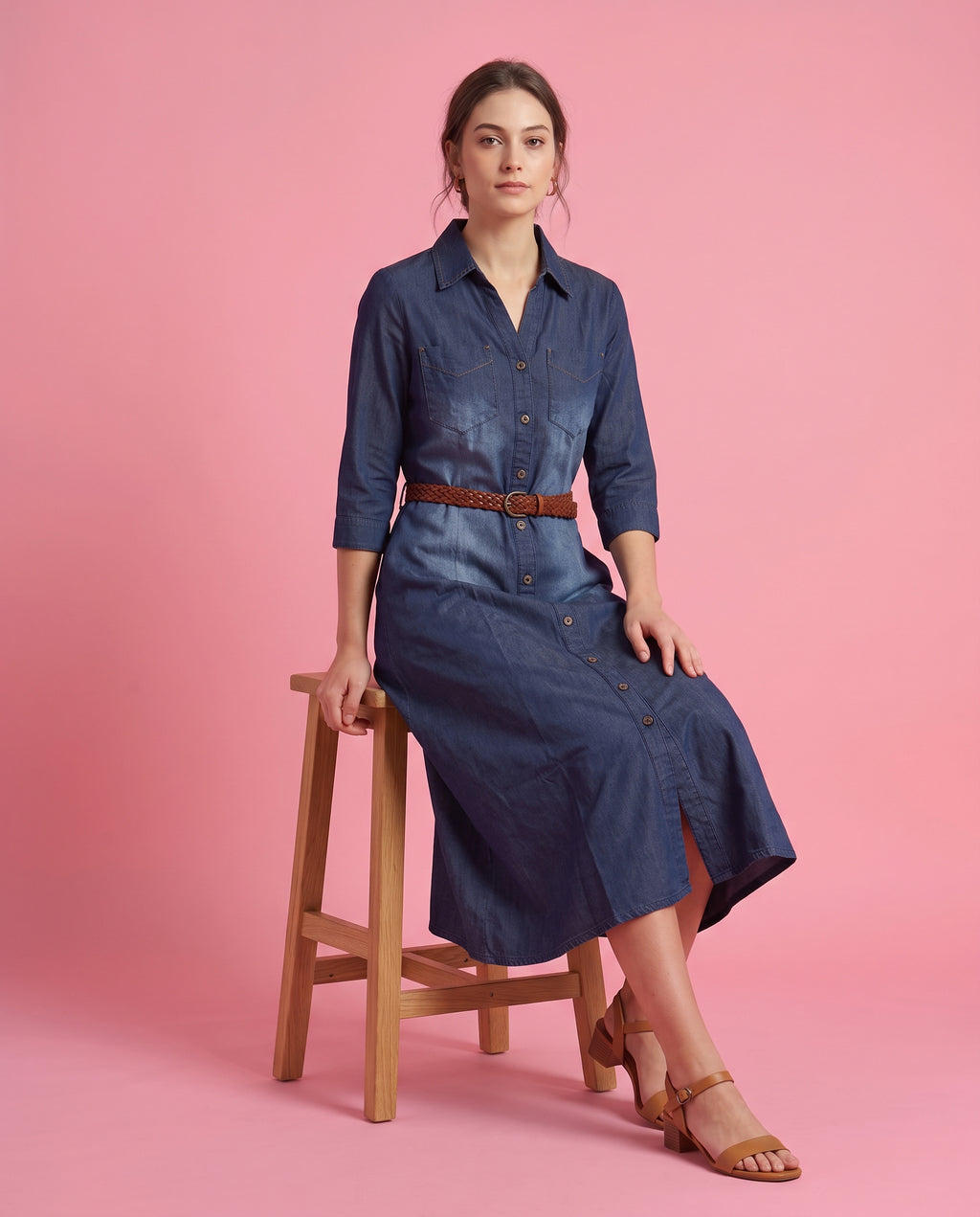 Denim Button-Through Midi Dress – Dark Indigo