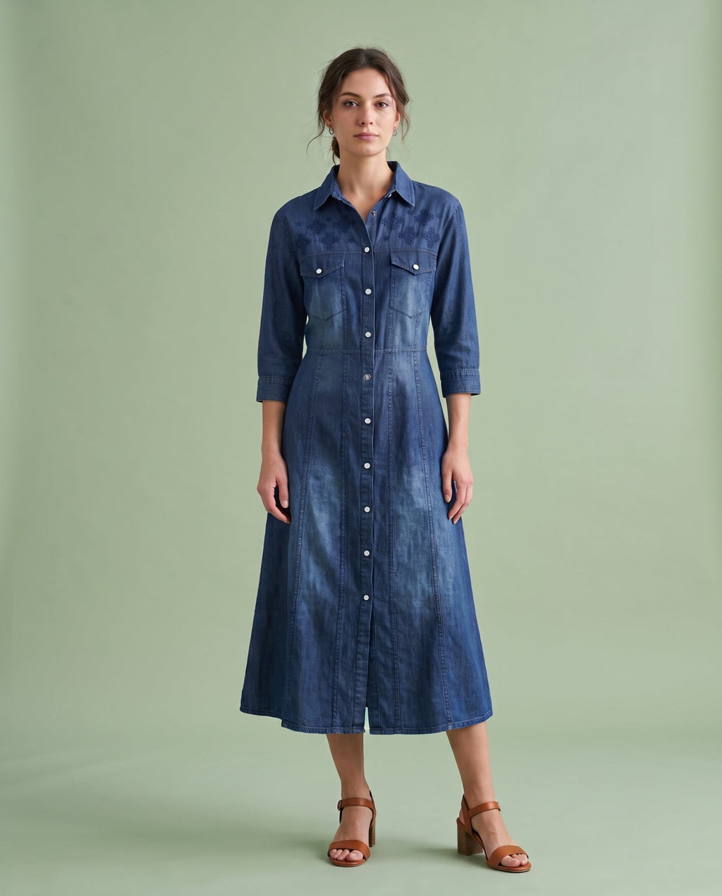Embroidered Western Denim Midi Dress – Mid Blue