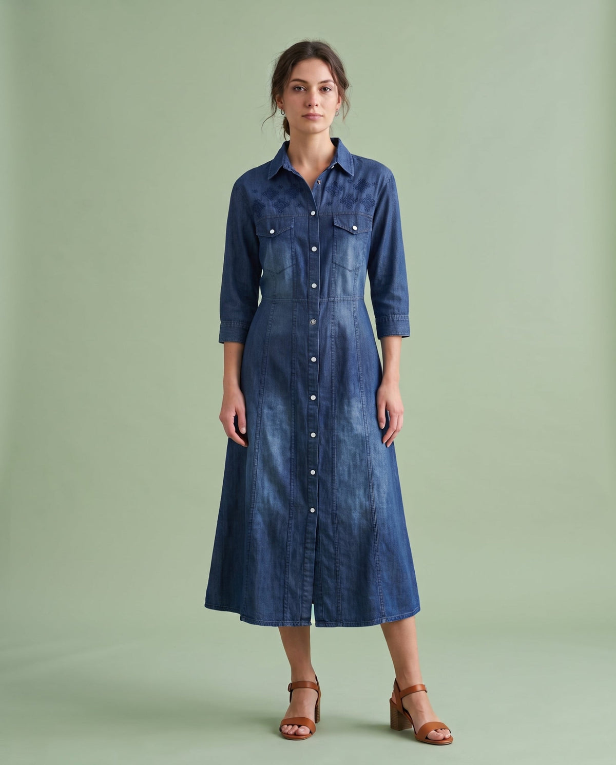 Embroidered Western Denim Midi Dress – Mid Blue