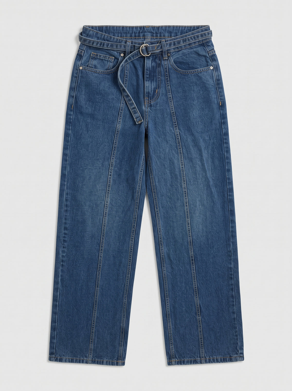 Belted Seamed Straight-Leg Jeans – Bleach Blue