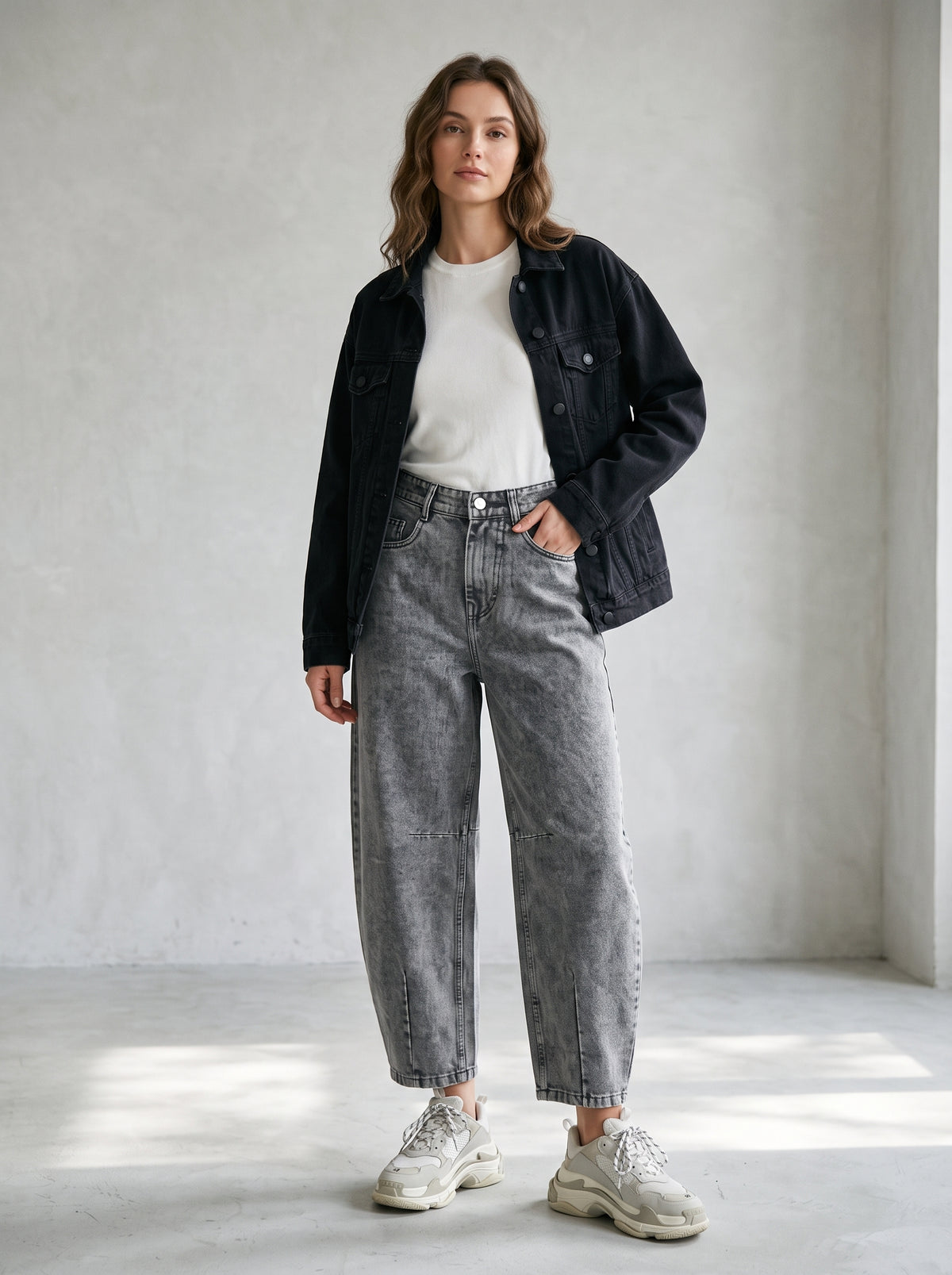 Acid Wash Barrel-Leg Jeans – Slate Grey