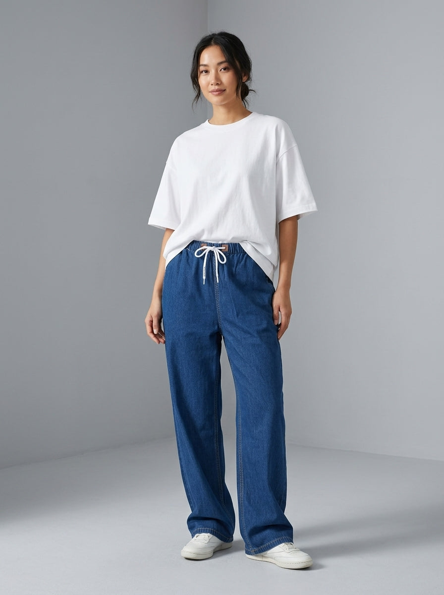 Drawstring Wide-Leg Denim Pants – Indigo