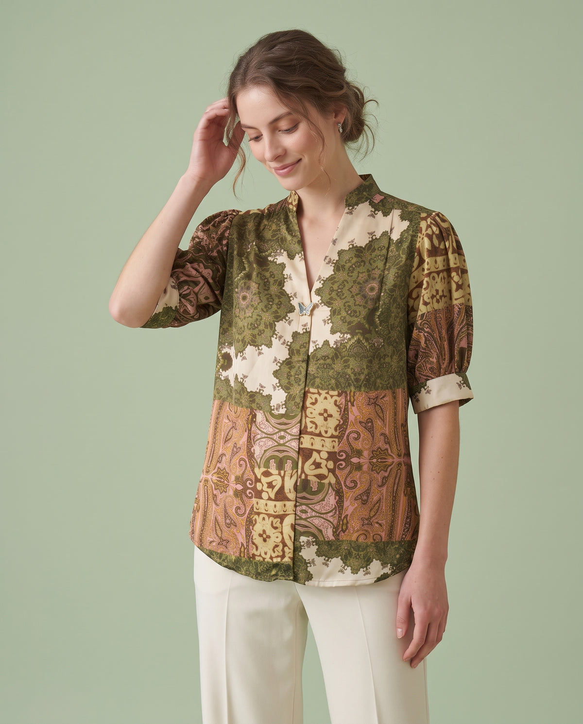 Patchwork Paisley Satin Blouse – Olive & Blush