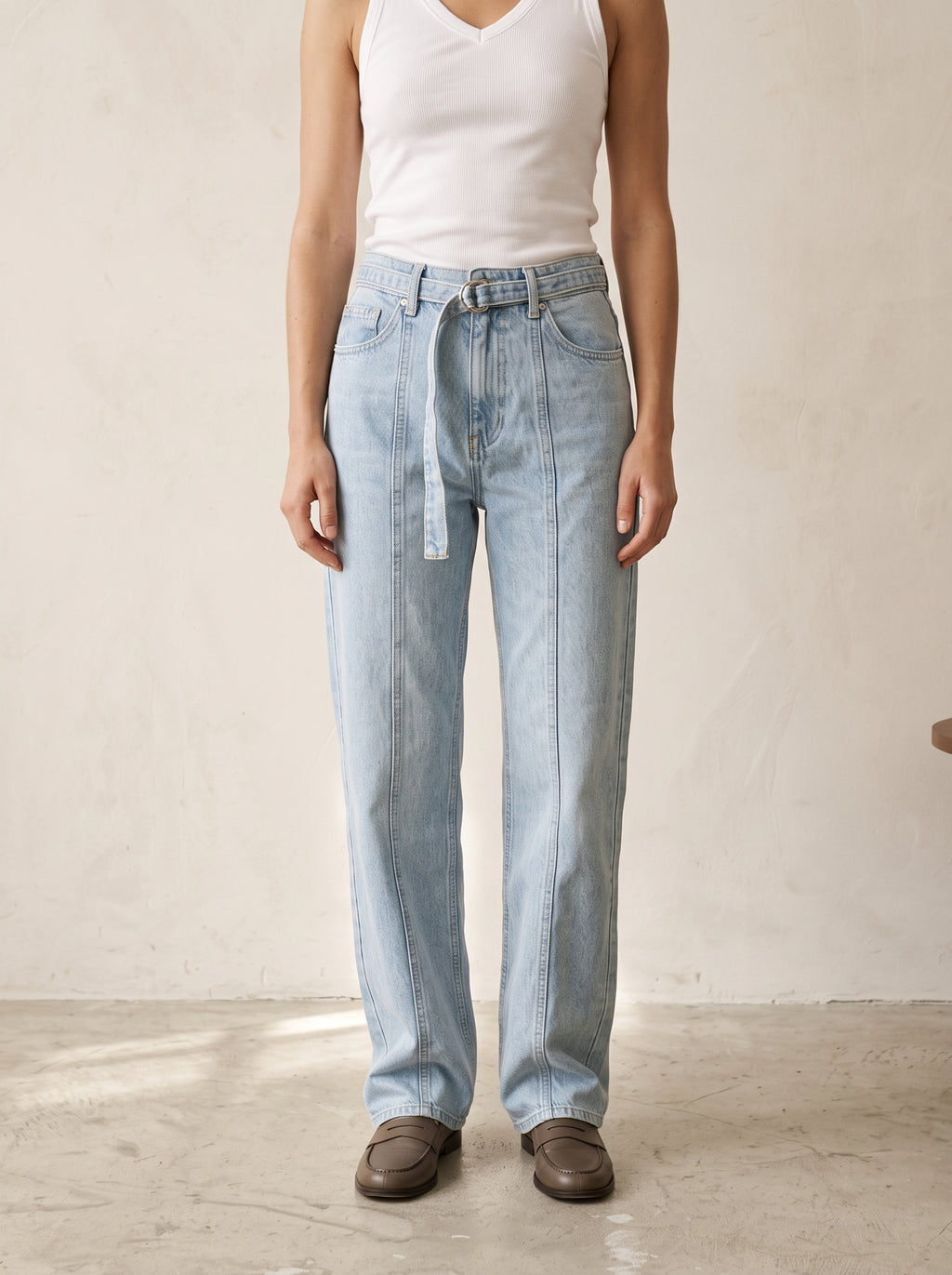 Belted Seamed Straight-Leg Jeans – Bleach Blue