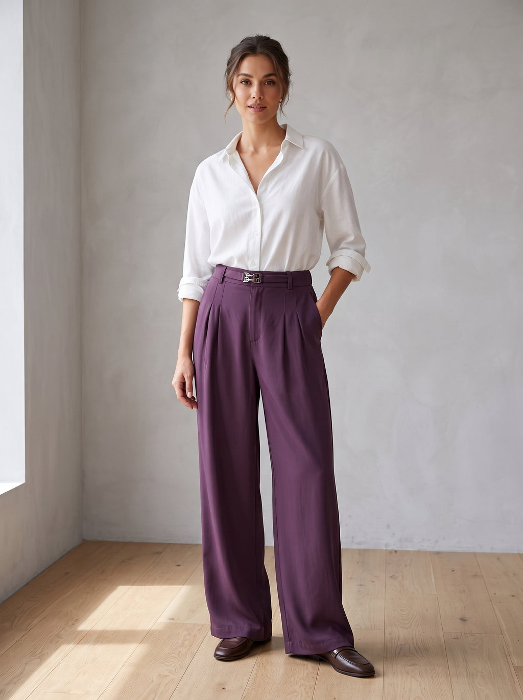 Pleated Wide-Leg Trousers with Buckle Detail – Plum