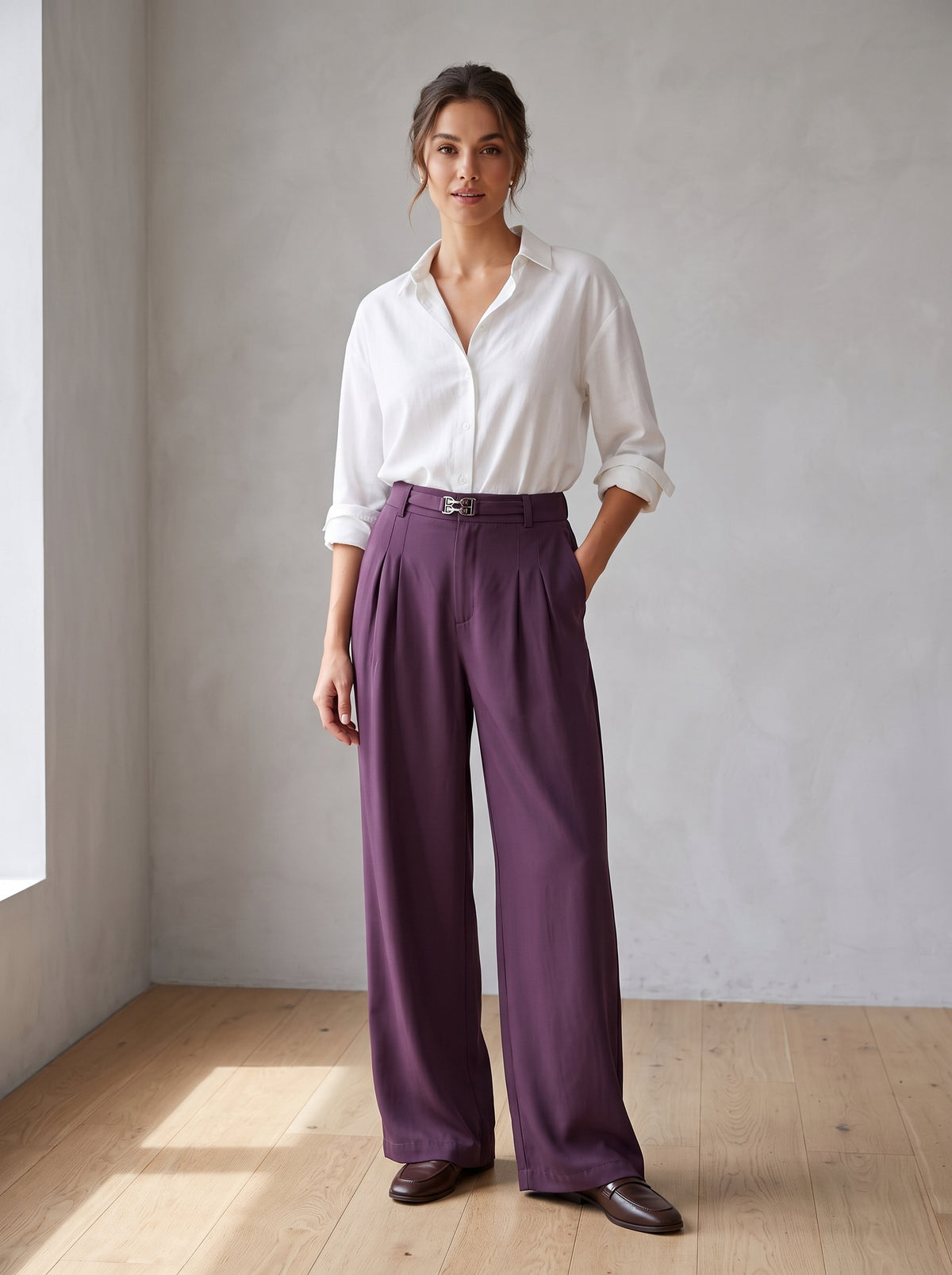 Pleated Wide-Leg Trousers with Buckle Detail – Plum