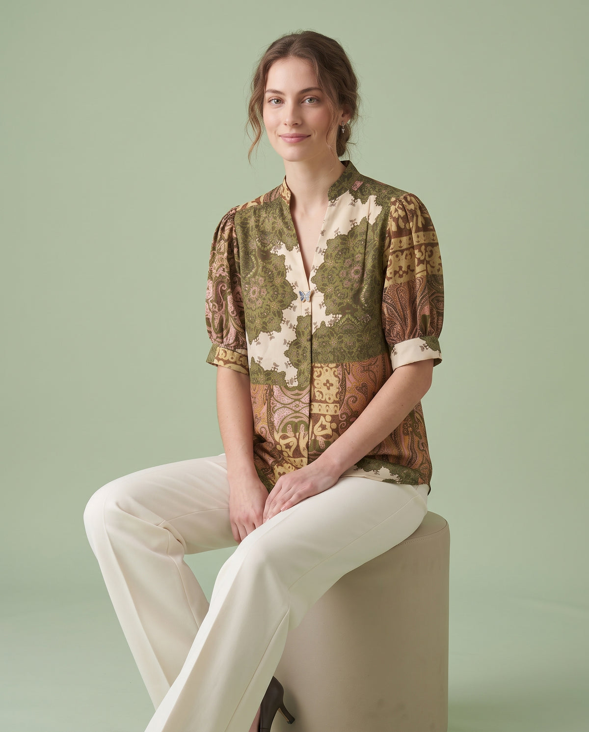 Patchwork Paisley Satin Blouse – Olive & Blush