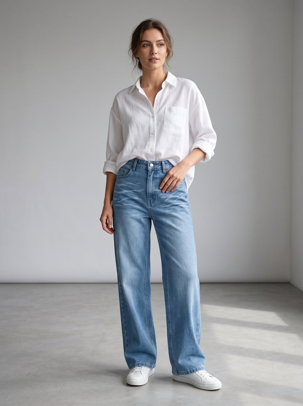 Whiskered Straight-Leg Jeans – Mid Blue