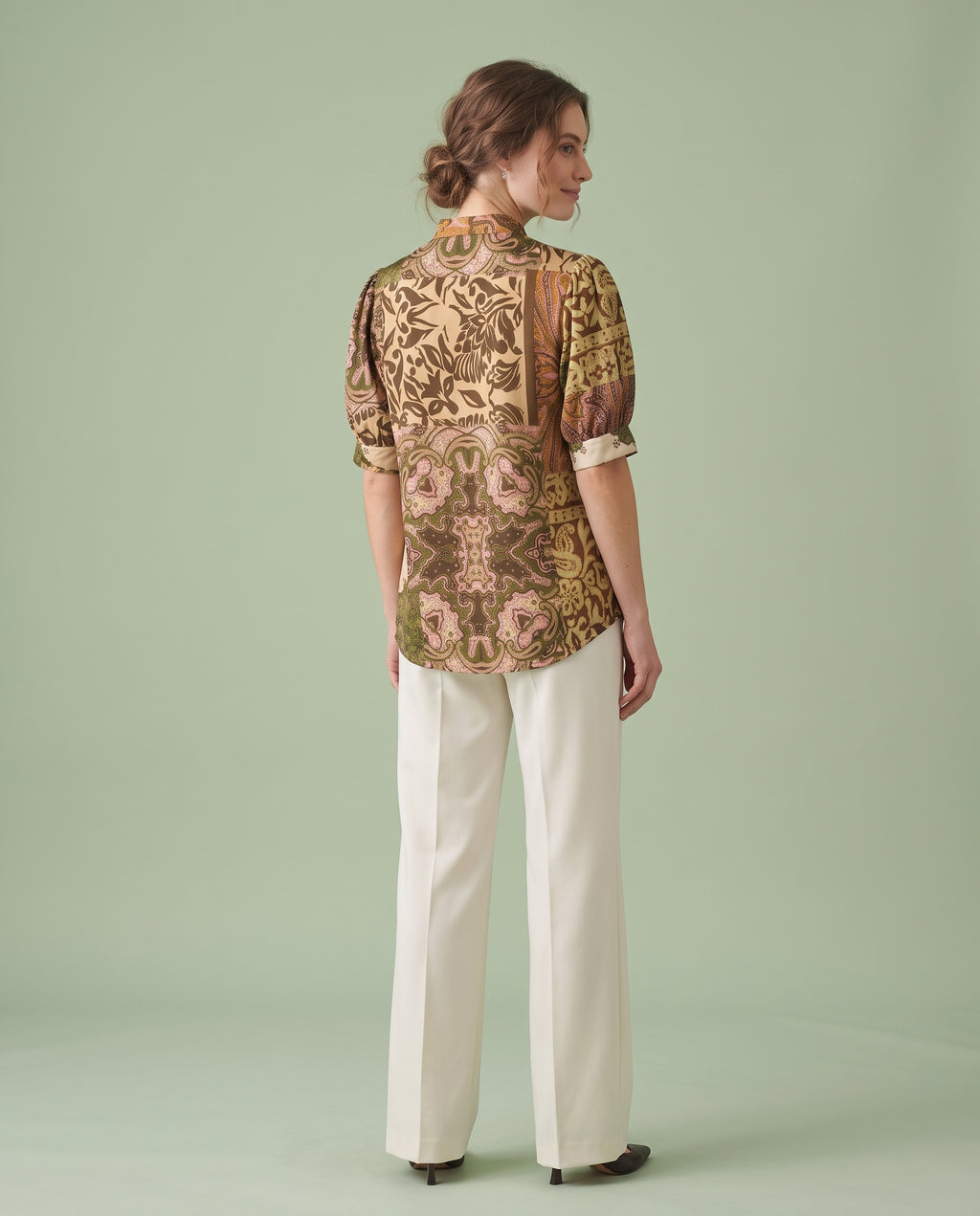 Patchwork Paisley Satin Blouse – Olive & Blush