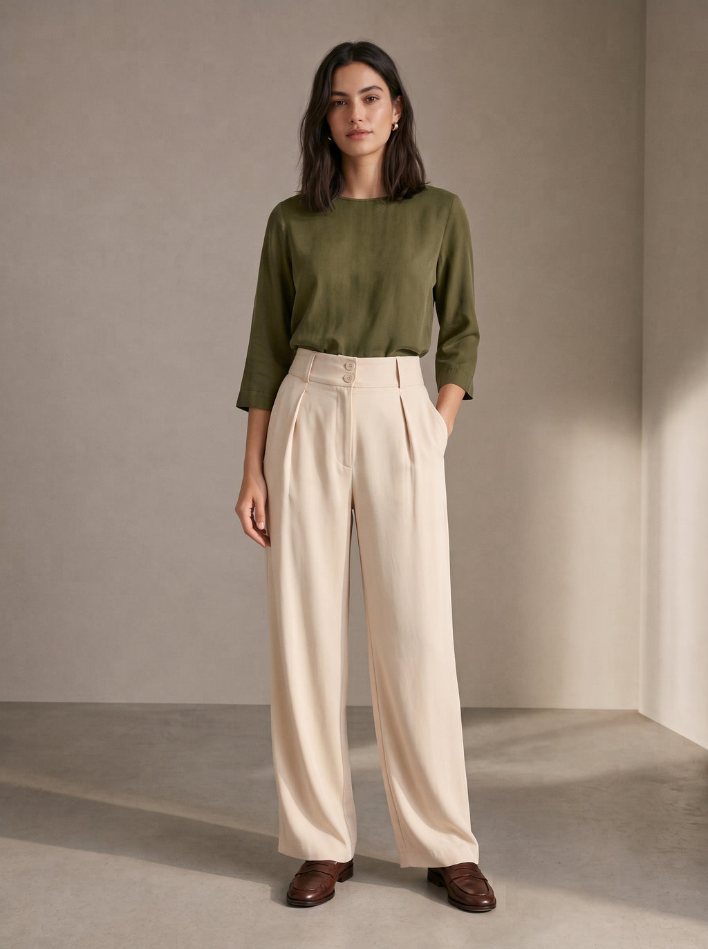 Pleated Wide-Leg Trousers – Ivory