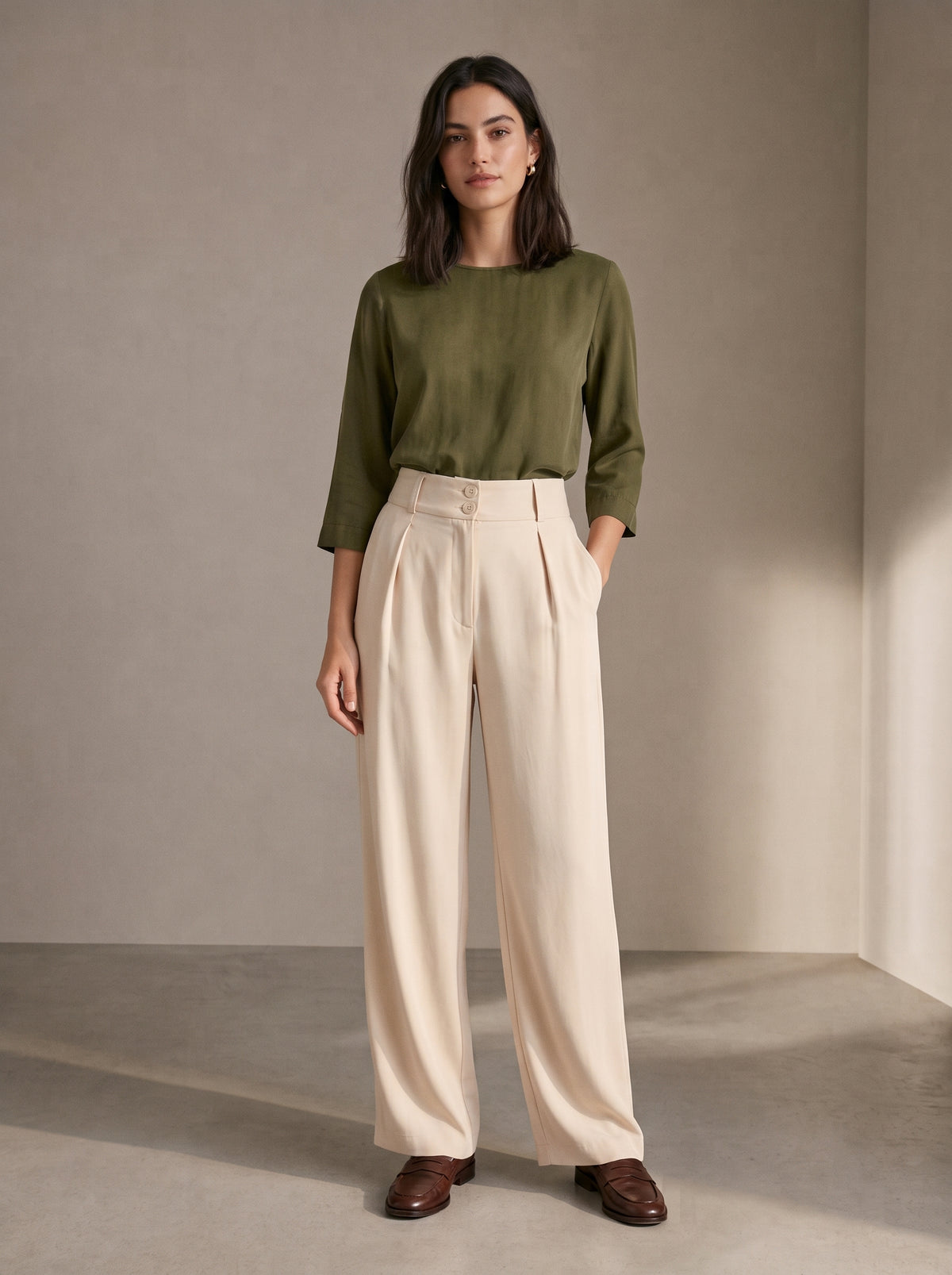 Pleated Wide-Leg Trousers – Ivory