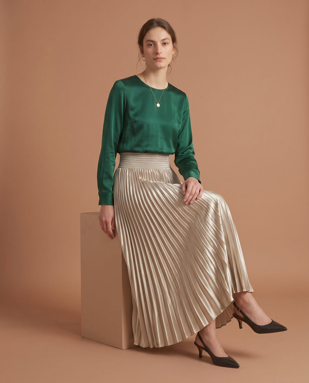 Pleated Satin Maxi Skirt (Champagne Gold)