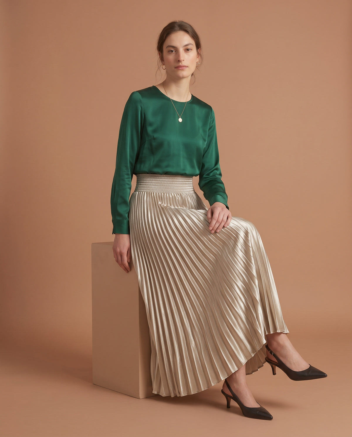 Pleated Satin Maxi Skirt (Champagne Gold)