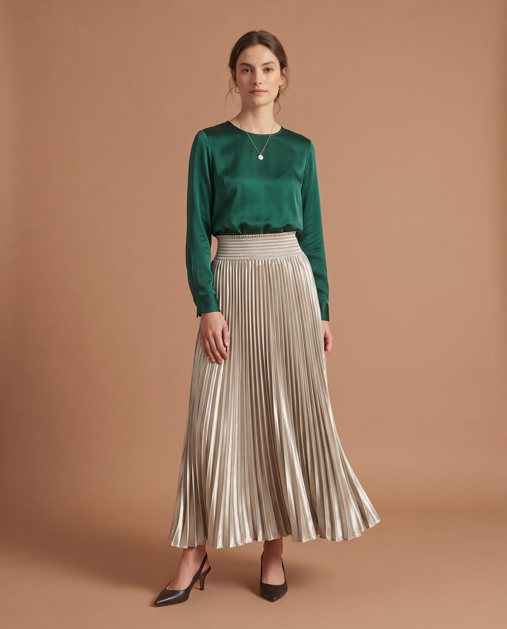 Pleated Satin Maxi Skirt (Champagne Gold)