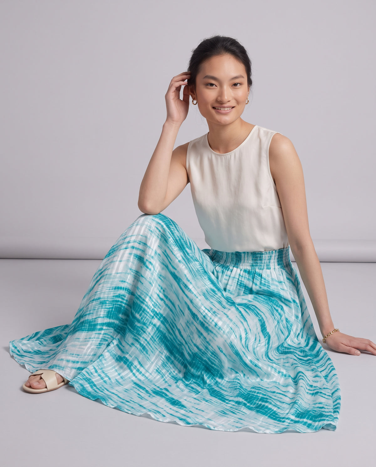 Shibori Satin Maxi Skirt (Aqua)