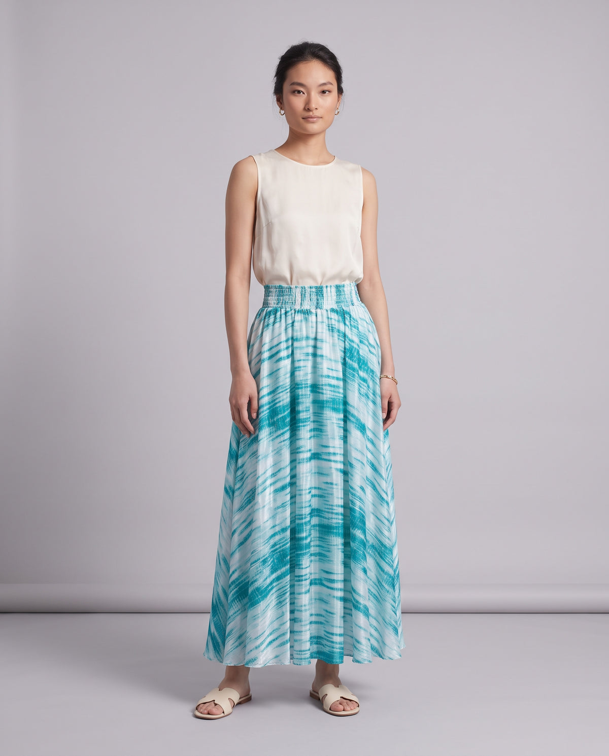 Shibori Satin Maxi Skirt (Aqua)