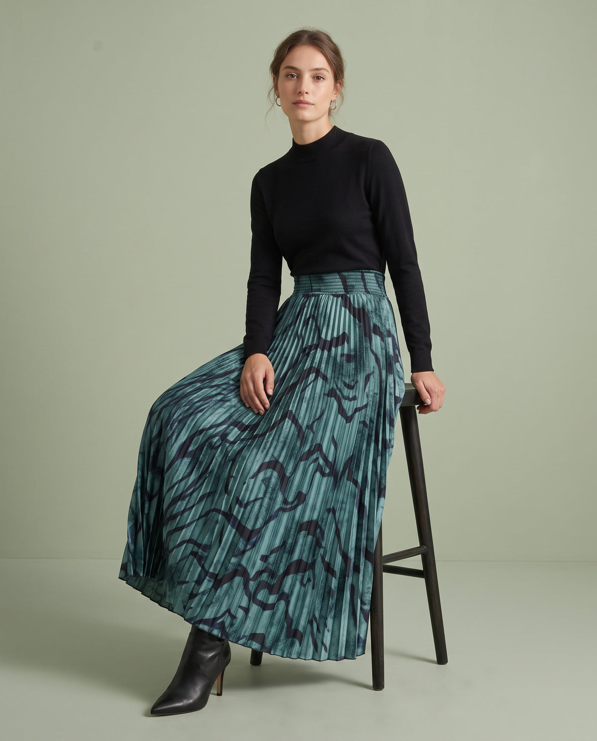 Slate Tiger Stripe Pleated Maxi Skirt