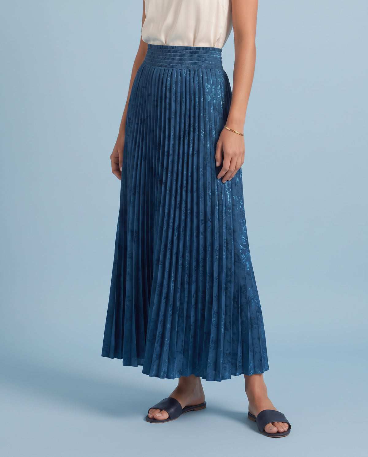 Jacquard_Pleated Maxi Skirt (blue)
