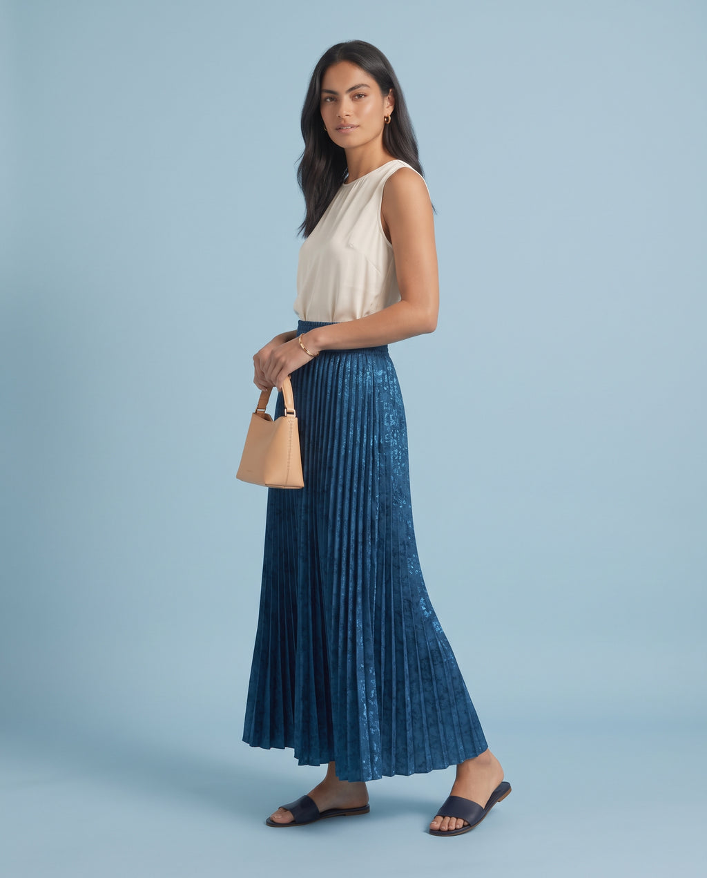 Jacquard_Pleated Maxi Skirt (blue)