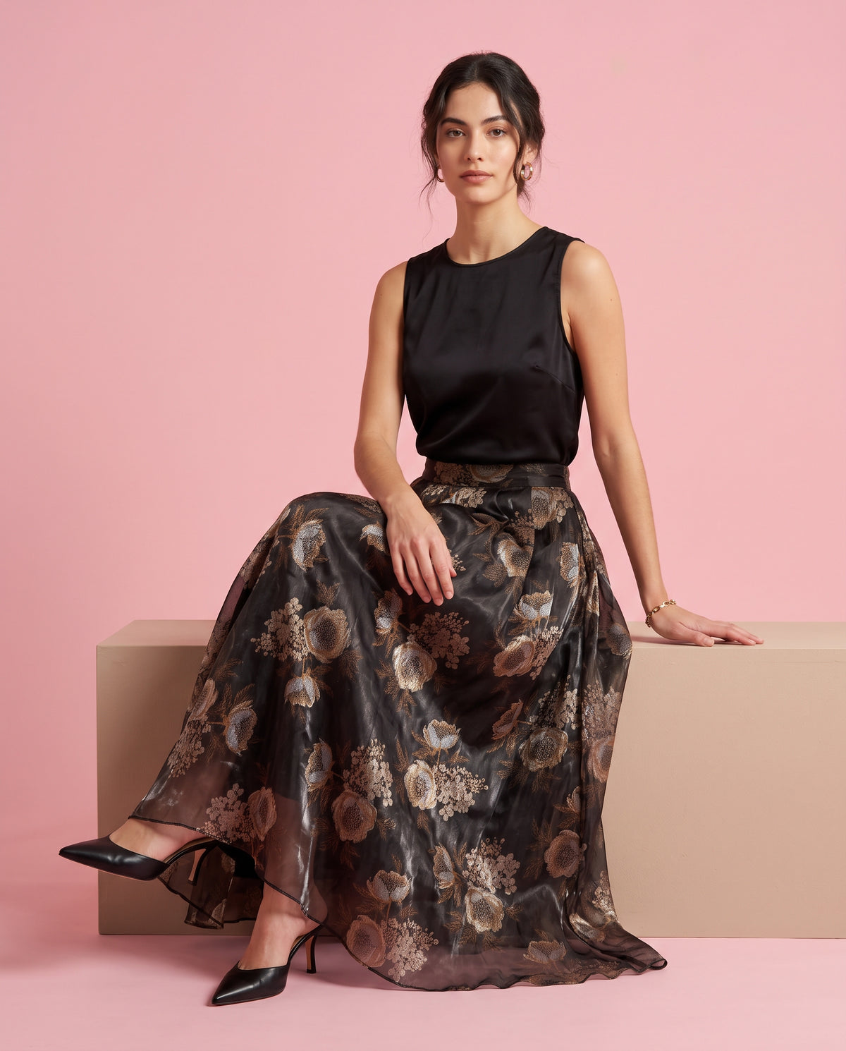 Peony Print Organza Maxi Skirt (Black)