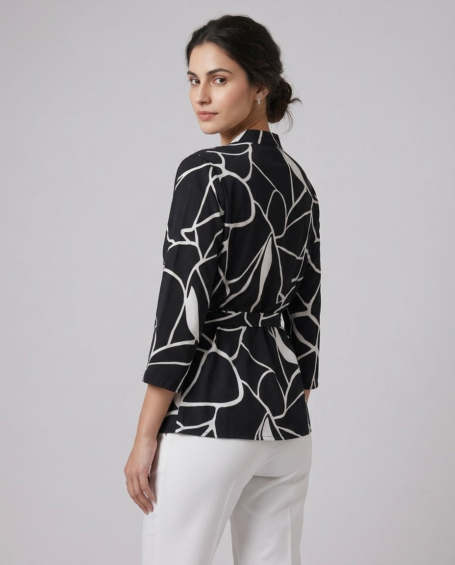 Mosaic Print Layered Tie-Waist Top – Black & White