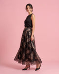 Peony Print Organza Maxi Skirt (Black)