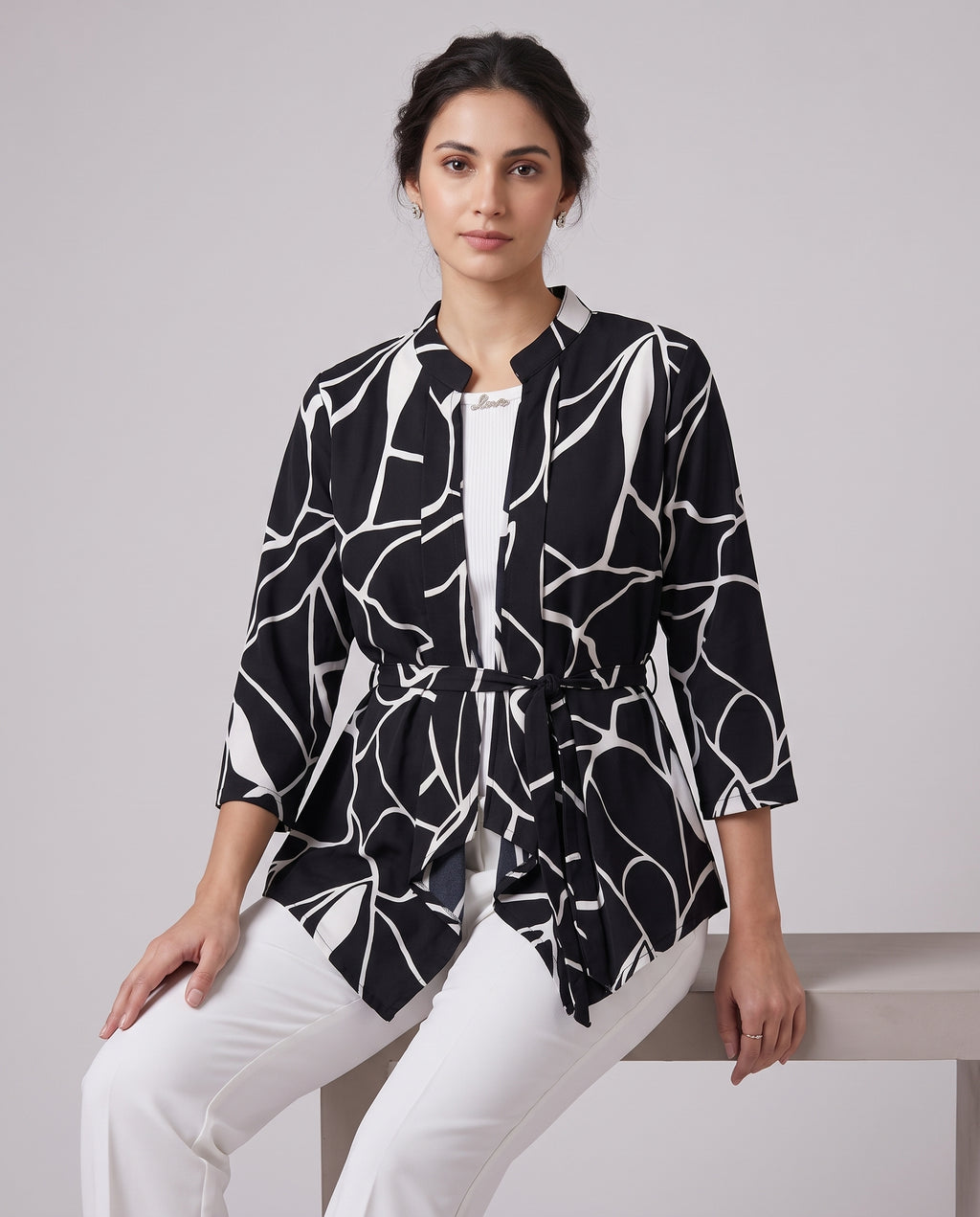 Mosaic Print Layered Tie-Waist Top – Black & White