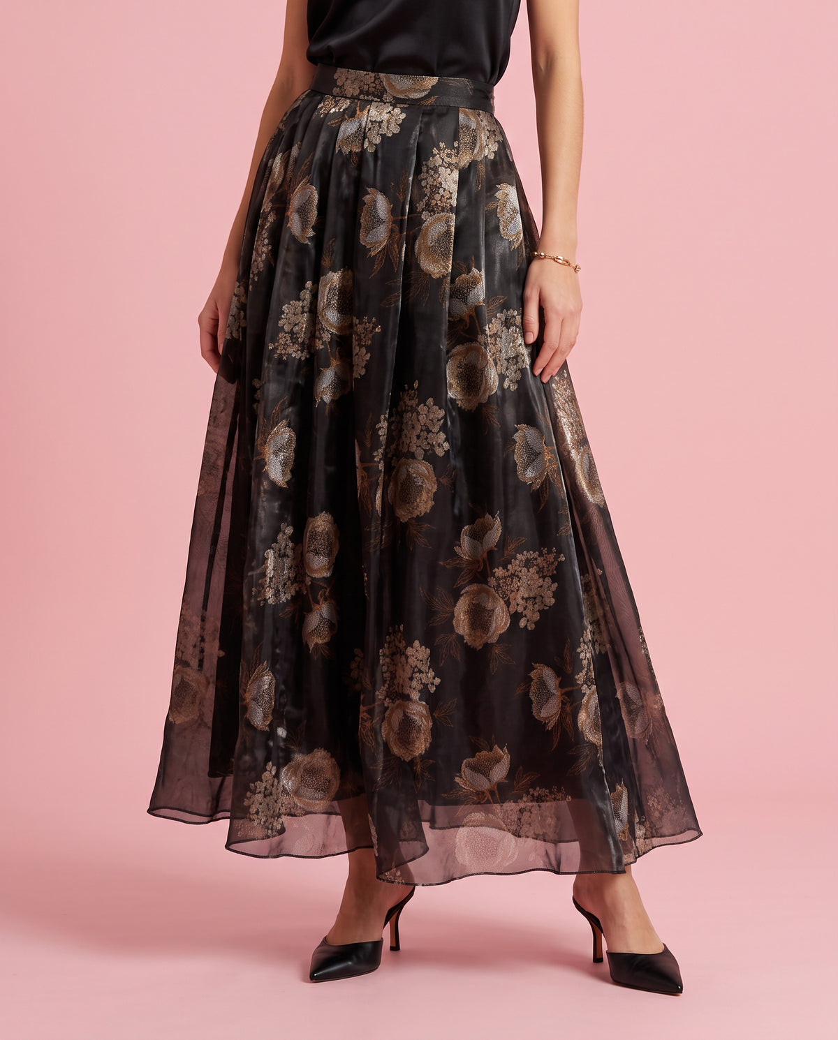 Peony Print Organza Maxi Skirt (Black)