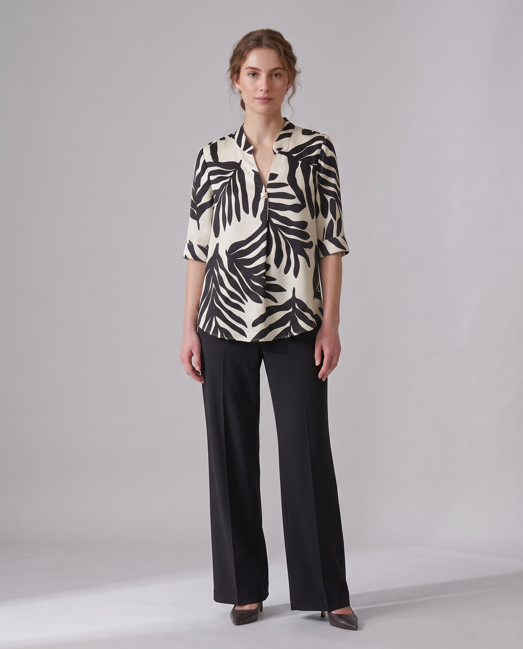The Palm Leaf Print Blouse – Black & Ivory