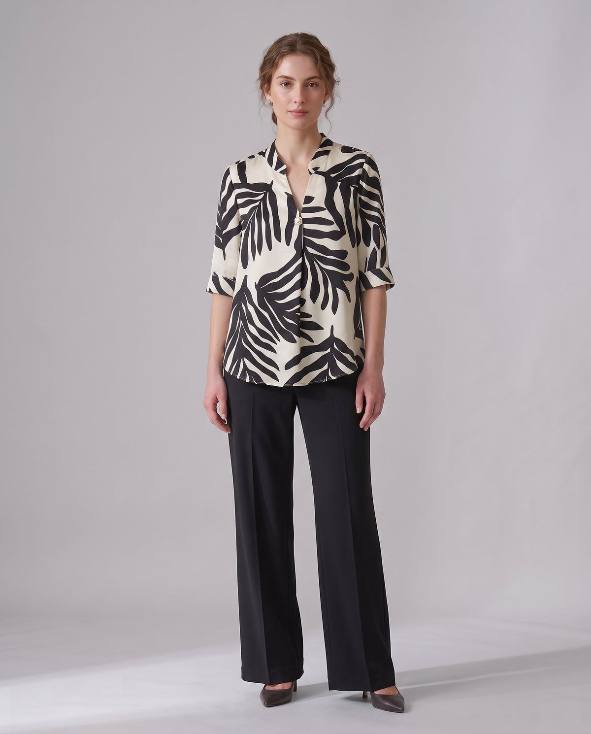 The Palm Leaf Print Blouse – Black & Ivory