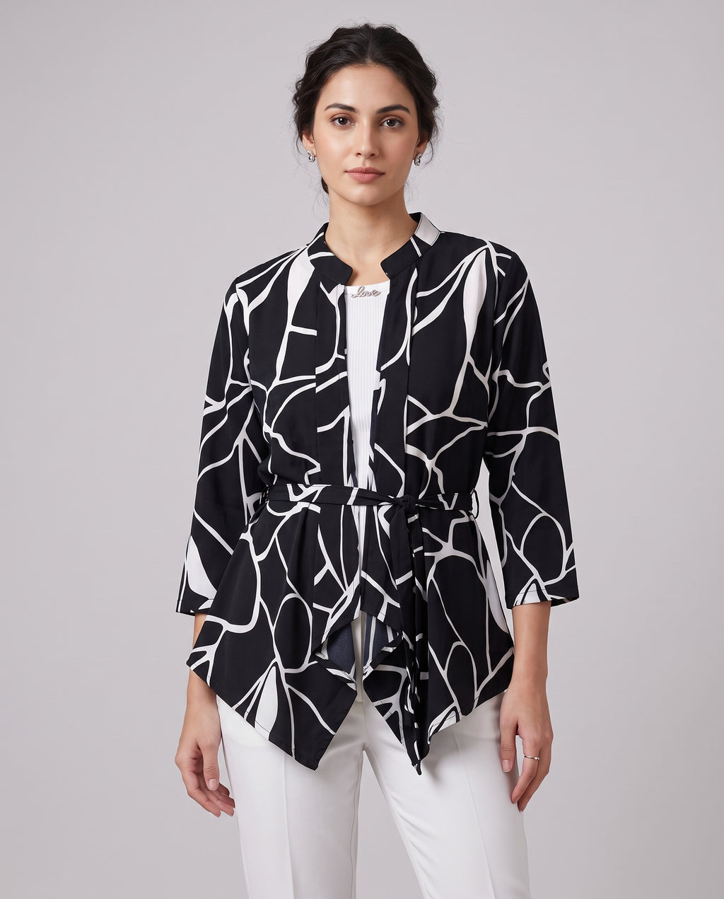 Mosaic Print Layered Tie-Waist Top – Black & White