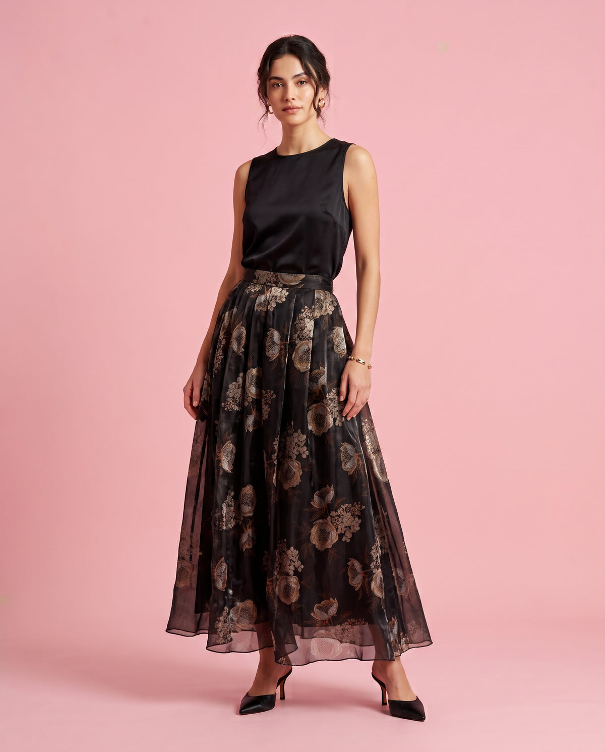 Peony Print Organza Maxi Skirt (Black)