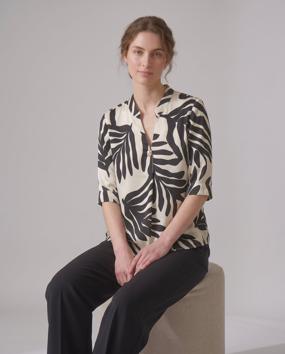 The Palm Leaf Print Blouse – Black & Ivory