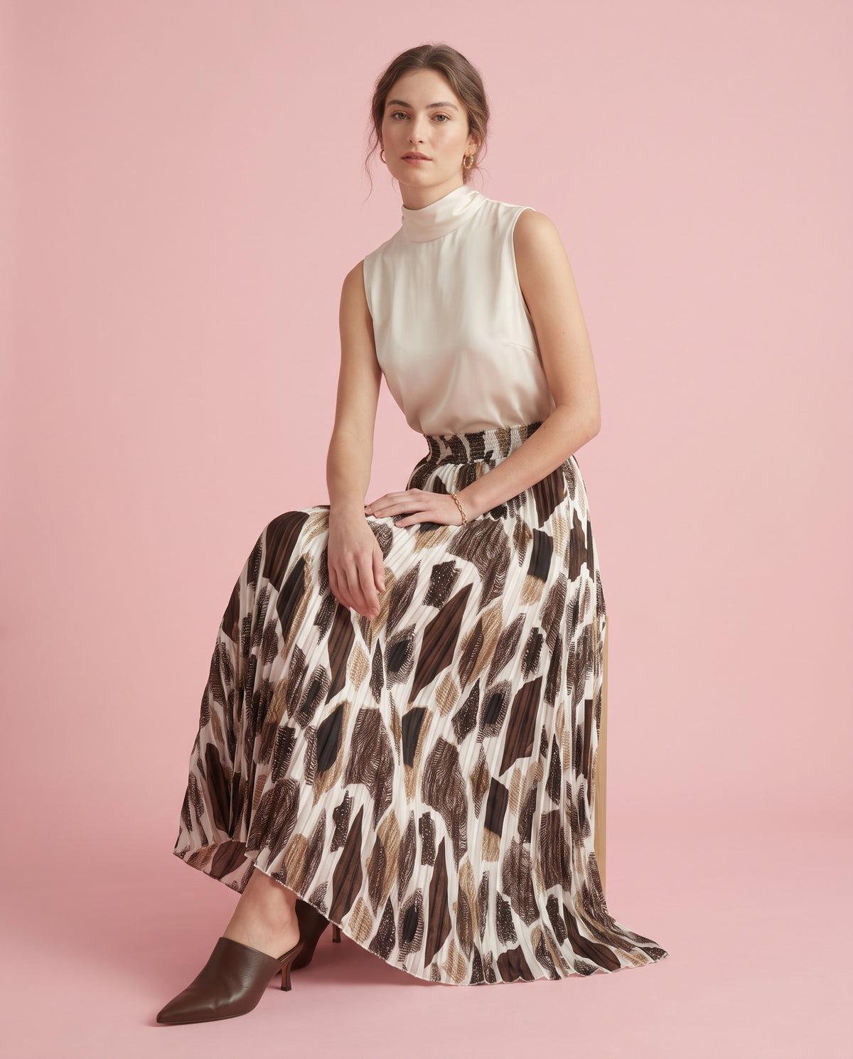 Mocha Mosaic Pleated Maxi Skirt