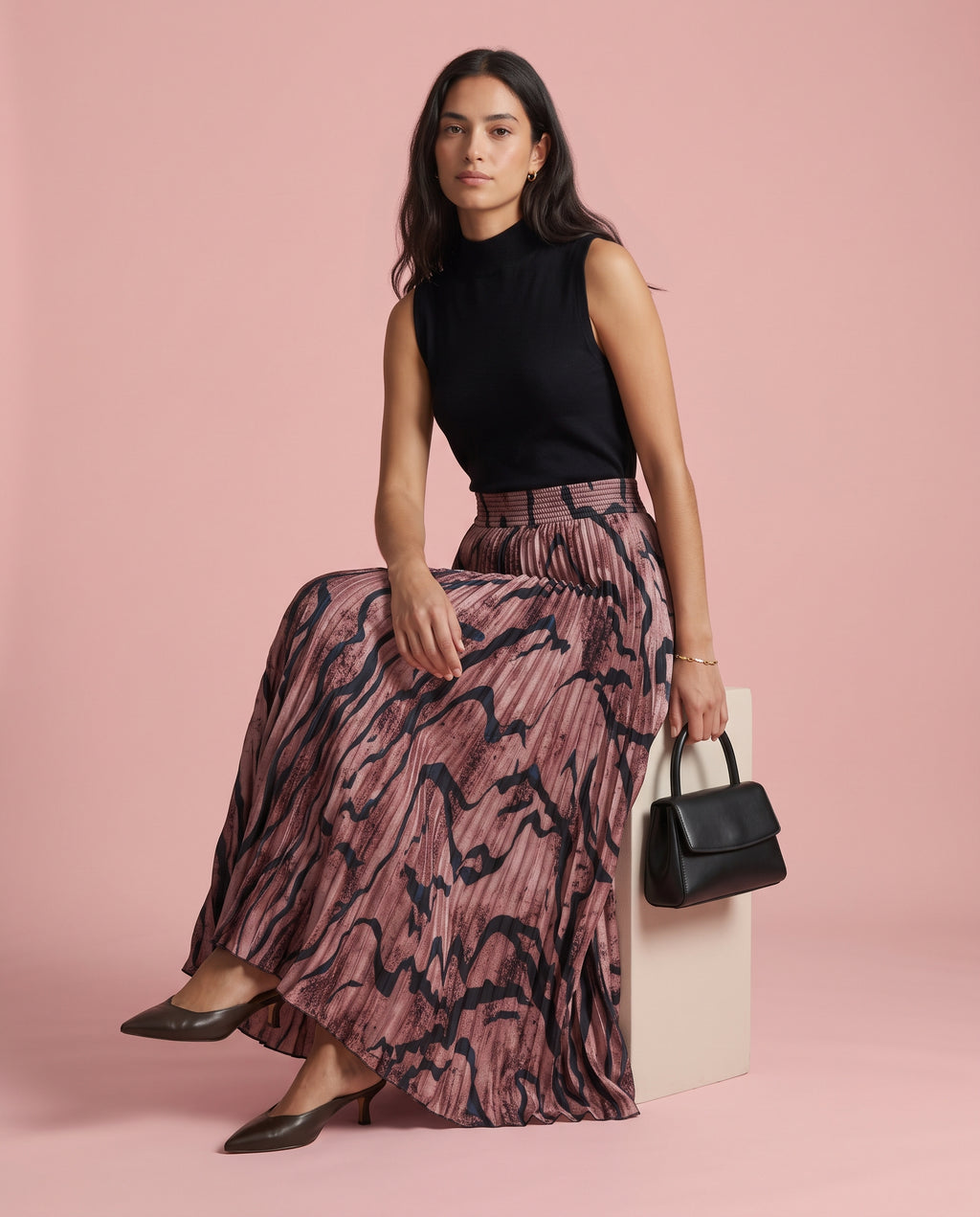 Rose Tiger Stripe Pleated Maxi Skirt