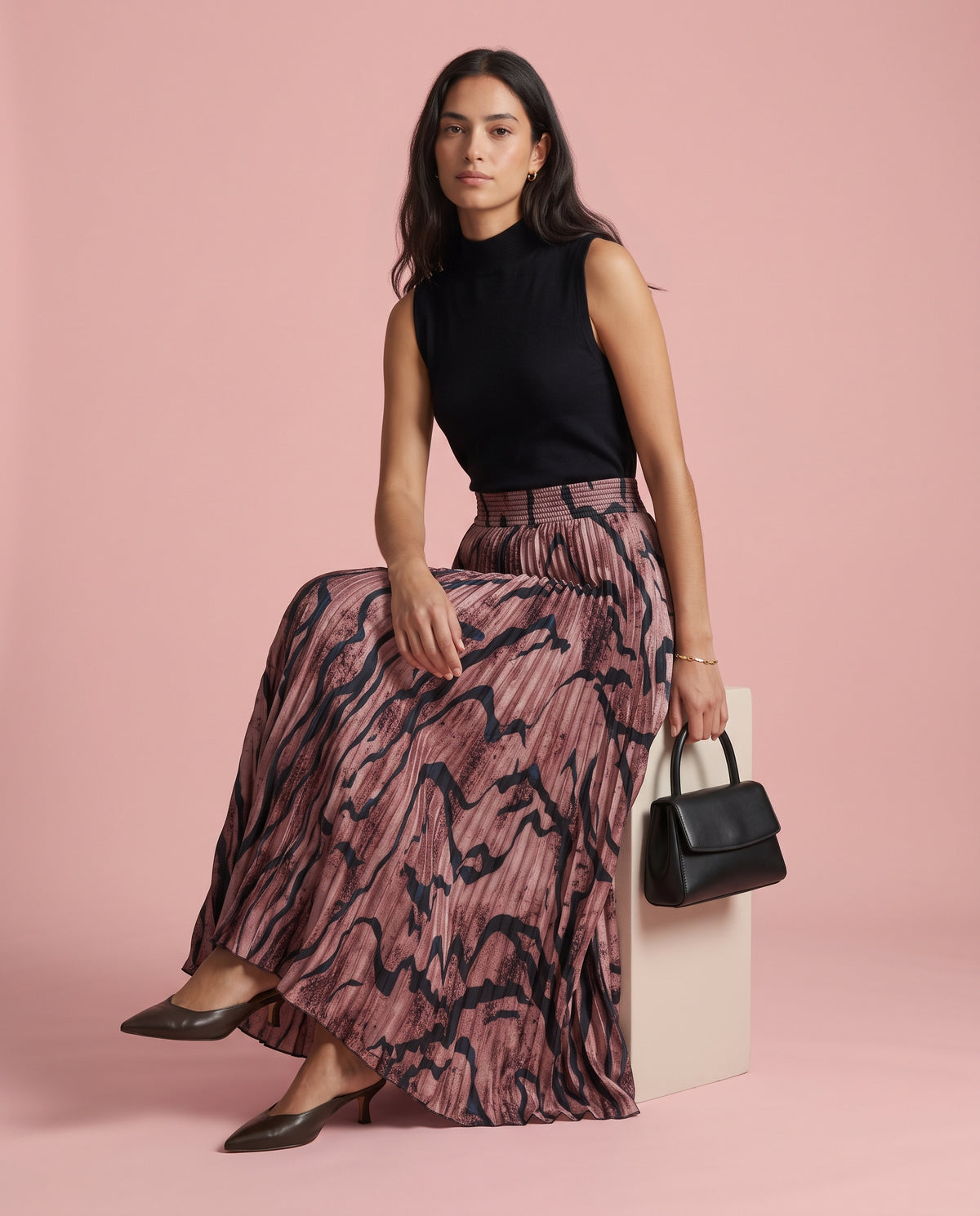 Rose Tiger Stripe Pleated Maxi Skirt