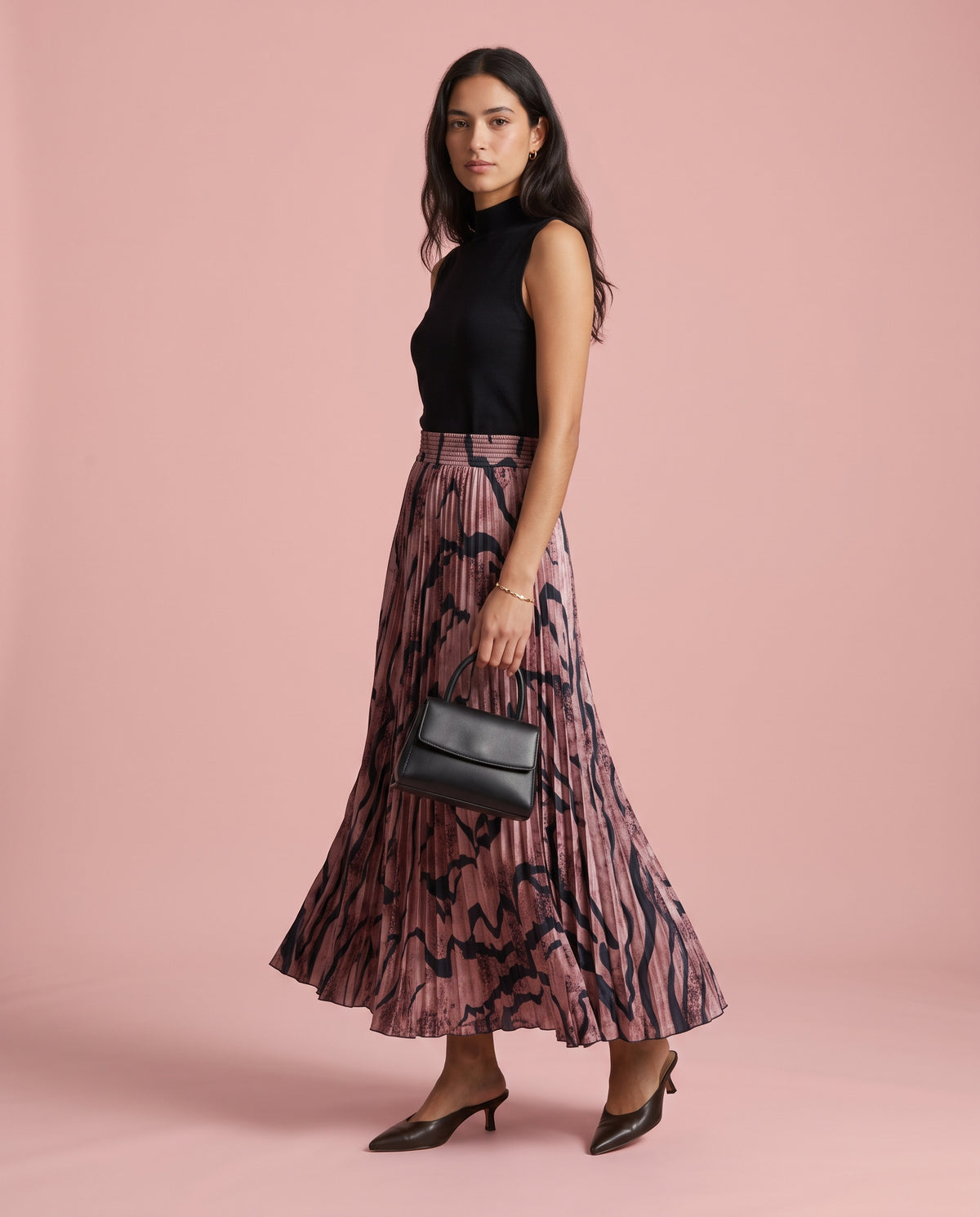 Rose Tiger Stripe Pleated Maxi Skirt