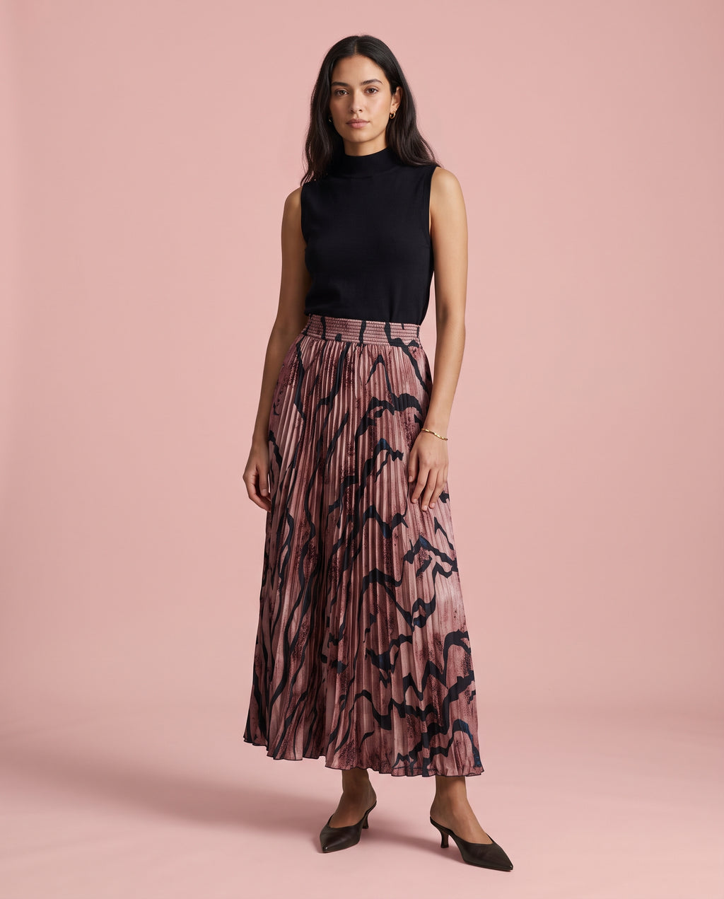 Rose Tiger Stripe Pleated Maxi Skirt