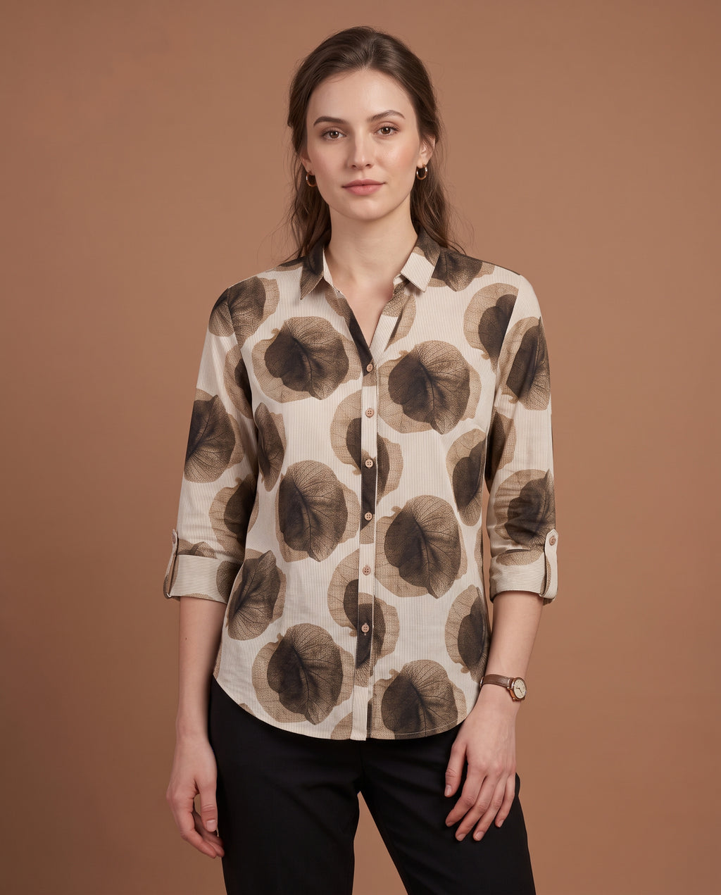 Skeleton Leaf Print Shirt – Ivory & Mocha