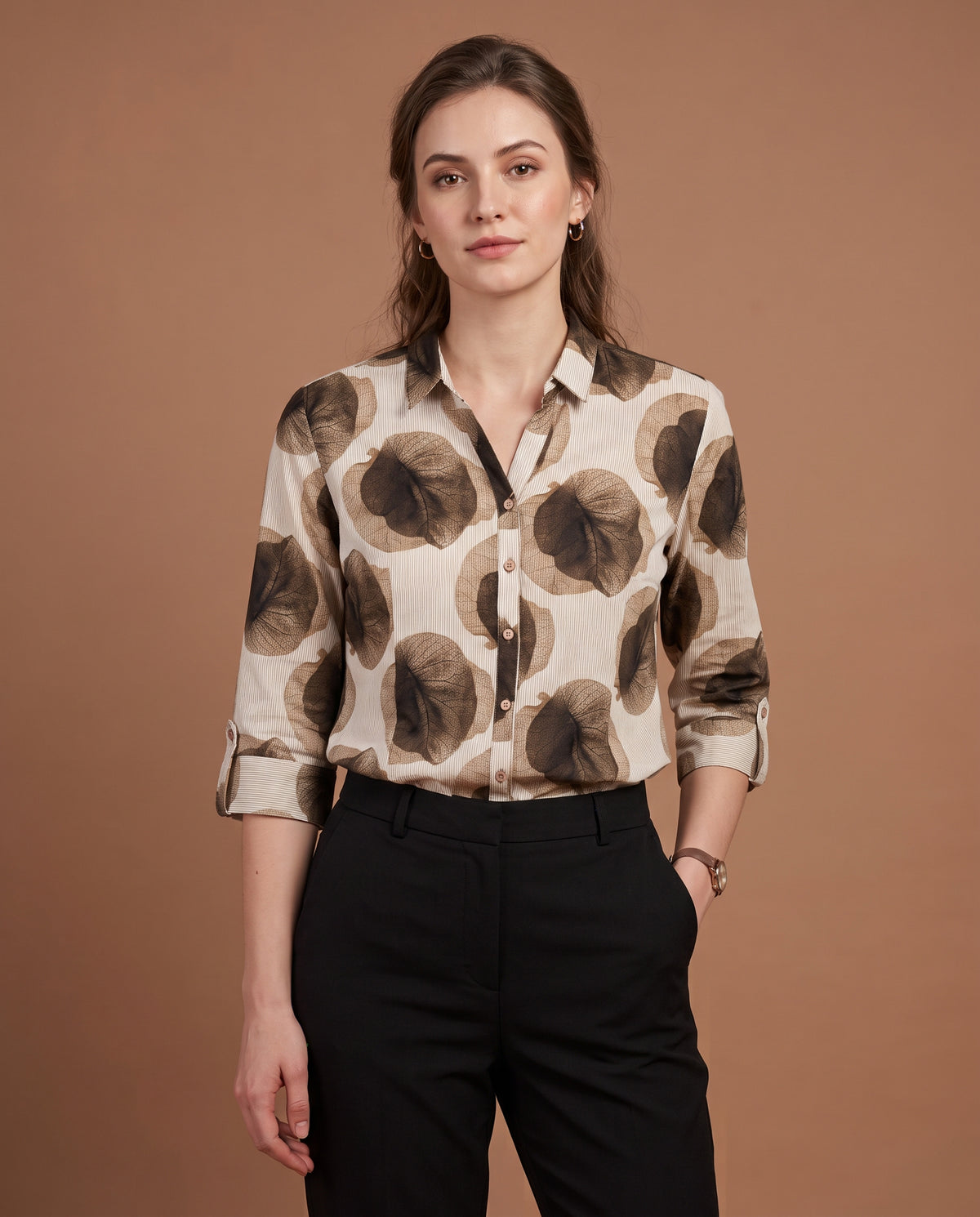 Skeleton Leaf Print Shirt – Ivory & Mocha