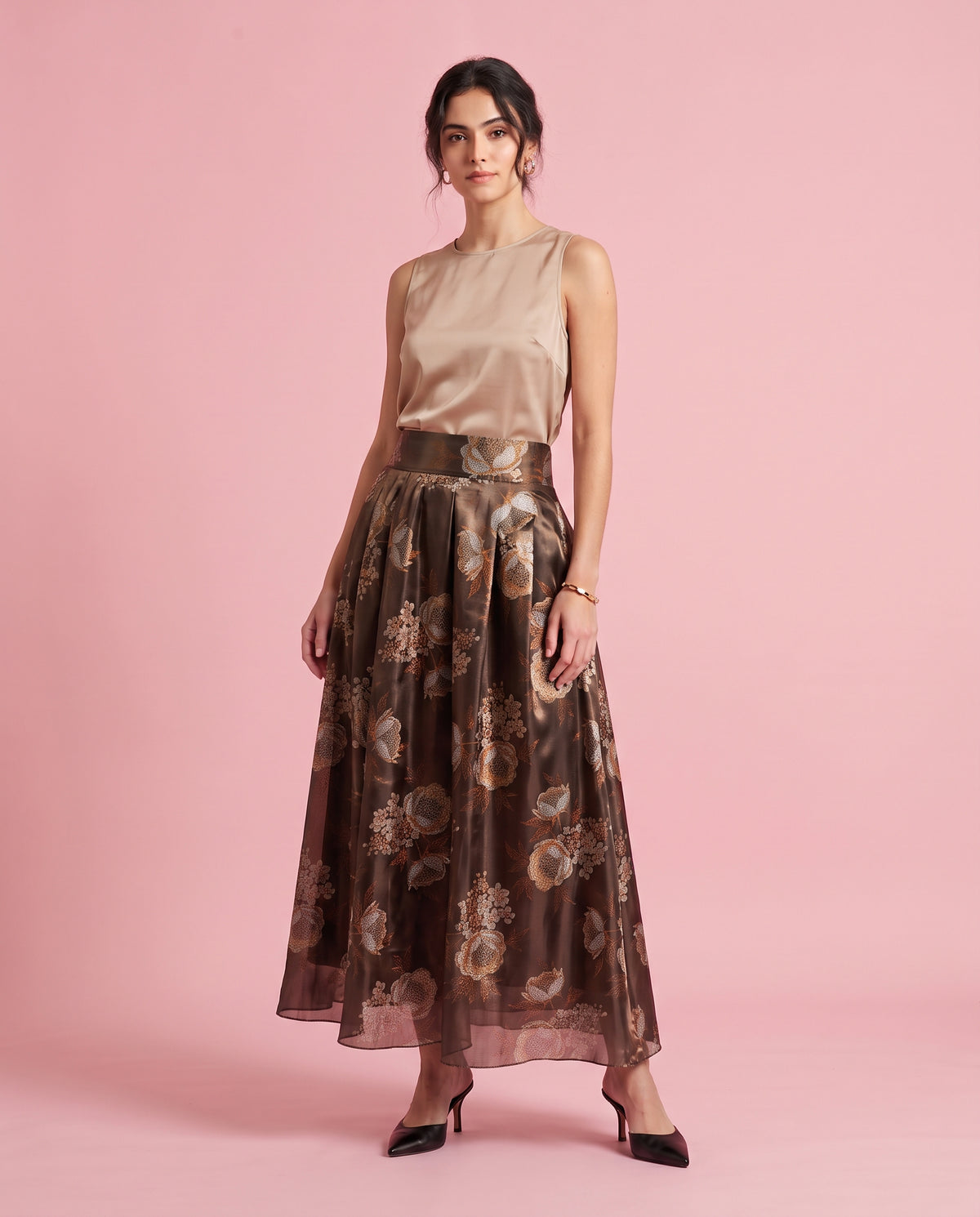 Peony Print Organza Maxi Skirt (Bronze)