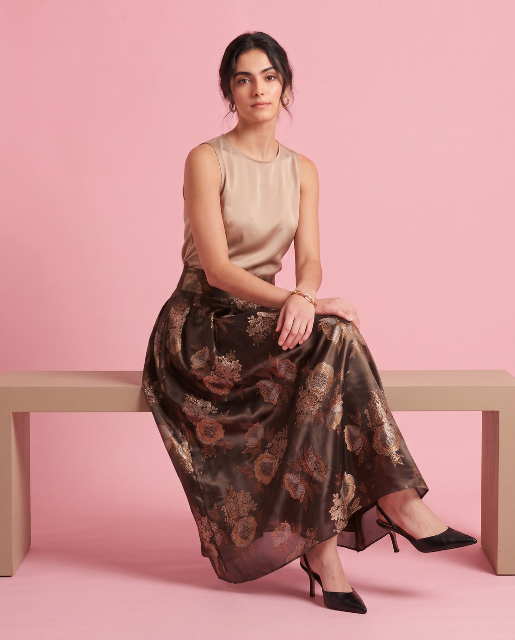 Peony Print Organza Maxi Skirt (Bronze)