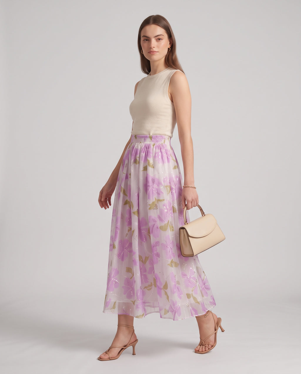 Rose Bloom Sequin Embroidered Maxi Skirt (ilac)